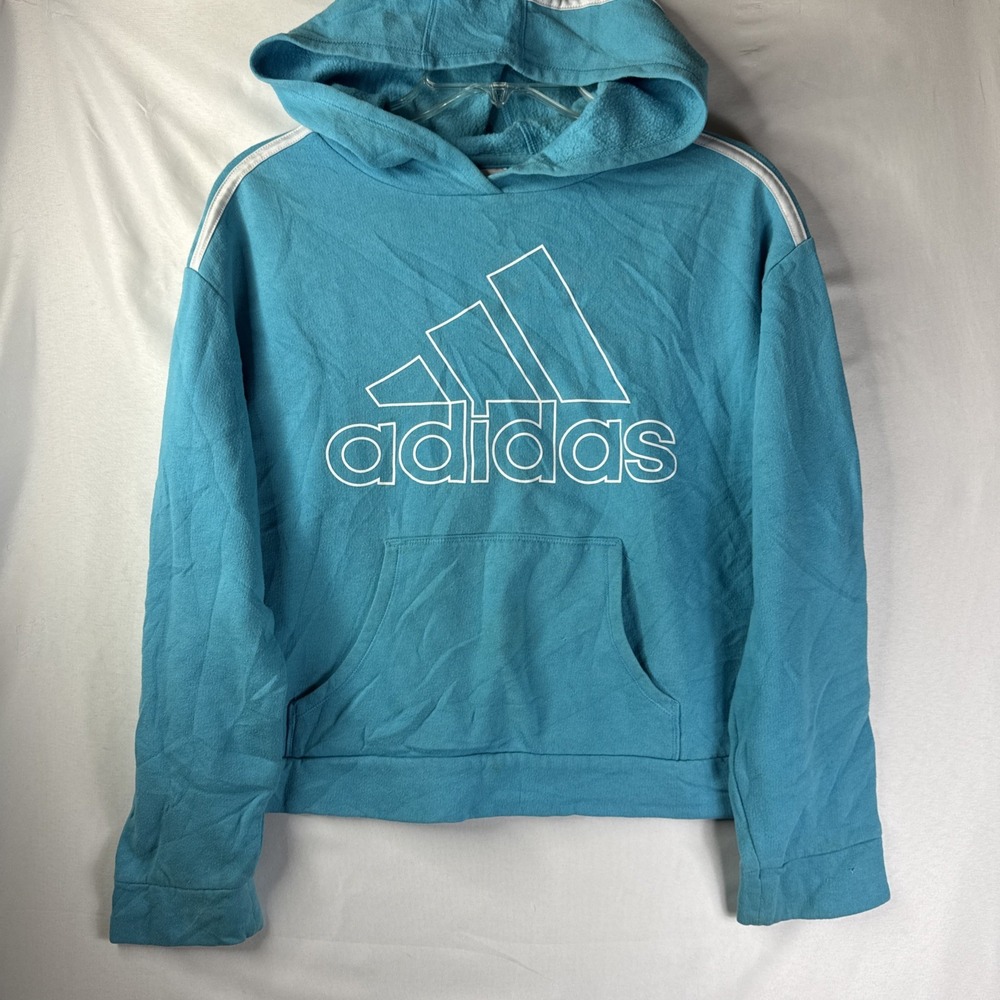 Adidas Crop Boxy Hoodie Women XL Baby Blue 3-Stripes Size 16